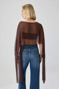 TRENDYOLMİLLA Brown Asymmetric Cut Unlined Siphon Pelerin Party Blouse - Image 4