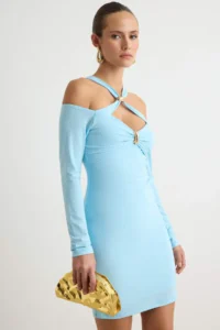 TRENDYOLMİLLA Ice BLUE Asymmetric Collar bodycone/Bodysuit hugging Short / Mini Knitting Dress - Image 2