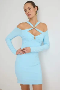 TRENDYOLMİLLA Ice BLUE Asymmetric Collar bodycone/Bodysuit hugging Short / Mini Knitting Dress - Image 3