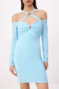 TRENDYOLMİLLA Ice BLUE Asymmetric Collar bodycone/Bodysuit hugging Short / Mini Knitting Dress - Image 8