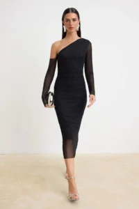 TRENDYOLMİLLA Black Shiny Stone Detailed bodycone/Bodysuit hugging Maxi Knitting Tulle Lined Party Dress