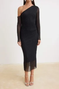 TRENDYOLMİLLA Black Shiny Stone Detailed bodycone/Bodysuit hugging Maxi Knitting Tulle Lined Party Dress - Image 3