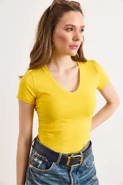 Olalook Women's Yellow Deep V Rock Lycra Cotton T-Shirt