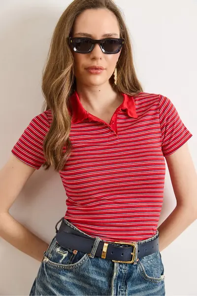 Olalook Women's Red Polo Neck Striped Crop T-Shirt