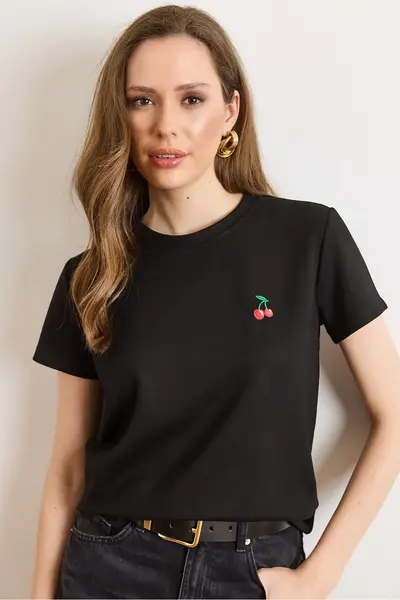 Olalook Women's Black Knitted Modal Cherry Embroidered Loose T-Shirt