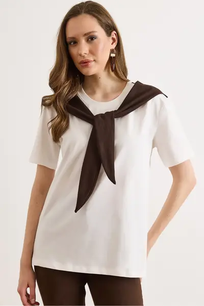 Olalook Women's White Brown Scarf Detailed Cotton T-Shirt