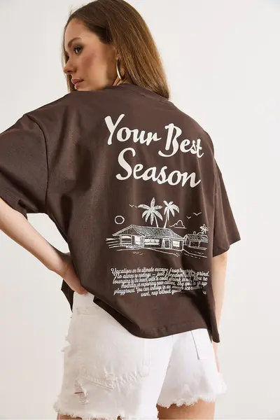 Olalook Women's Brown Front and Back Printed Oversize Cotton T-Shirt