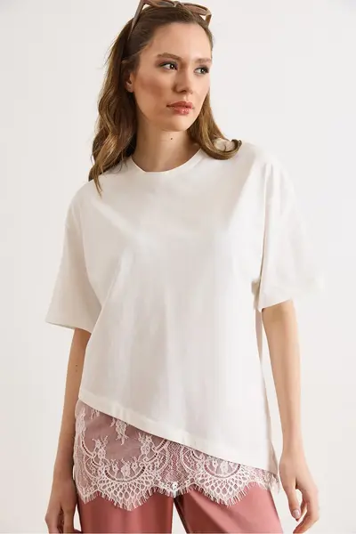 Olalook Women's White Asymmetric Lace Detailed Cotton T-Shirt