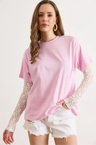 Olalook Women's Pink Sleeve Lace Detailed Cotton T-Shirt