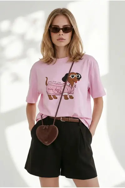 Olalook Women's Pink Dog Printed Boyfriend Cotton T-Shirt