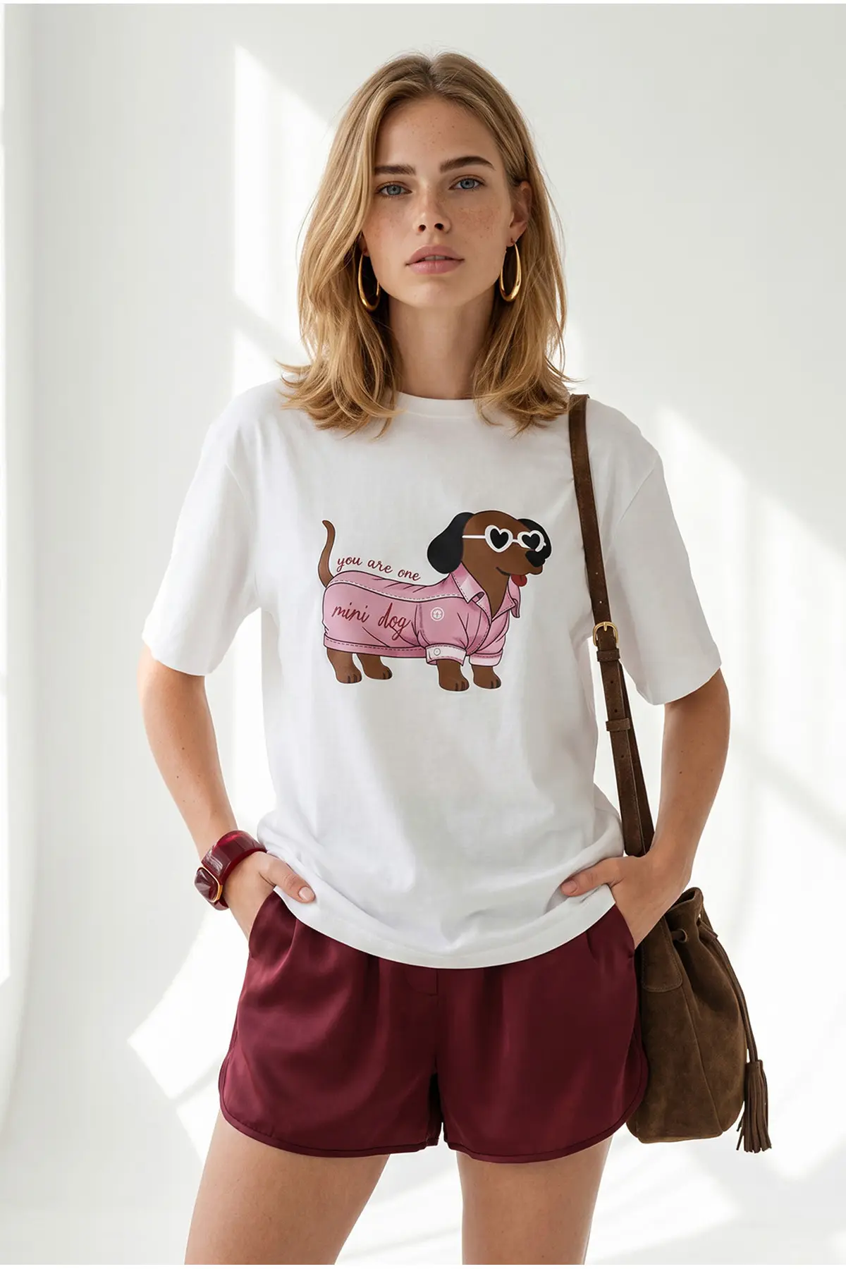 Olalook Women's White Dog Printed Boyfriend Cotton T-Shirt