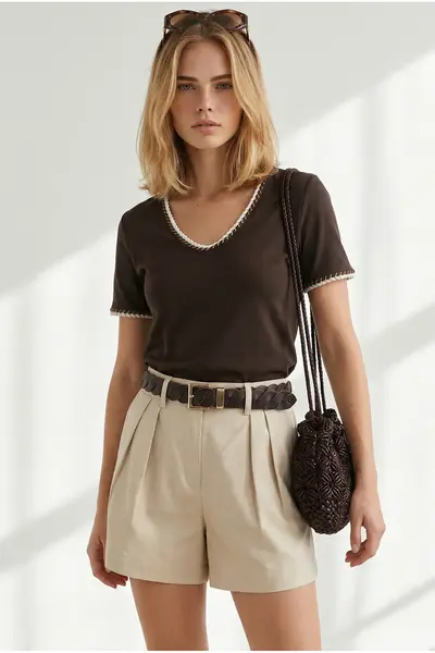 Olalook Women's Brown V-Neck Chain Garnished Flexible Ribbed T-Shirt