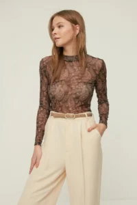 TRENDYOLMİLLA Multicolored Shawl Patterned Fitted High Neck Tulle Flexible Knitting Blouse - Image 5