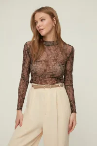 TRENDYOLMİLLA Multicolored Shawl Patterned Fitted High Neck Tulle Flexible Knitting Blouse - Image 6