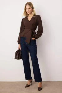 TRENDYOLMİLLA Brown Double breasted Binding Detailed  Weaving Blouse