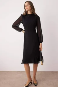 TRENDYOLMİLLA Black A-Cut/Life Form Midi Weaving Siphon Dress