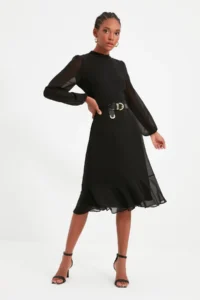 TRENDYOLMİLLA Black A-Cut/Life Form Midi Weaving Siphon Dress - Image 6
