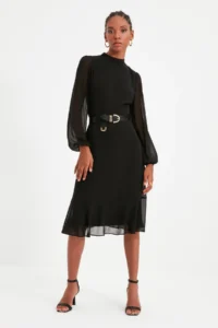 TRENDYOLMİLLA Black A-Cut/Life Form Midi Weaving Siphon Dress - Image 7