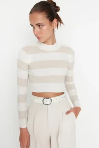 TRENDYOLMİLLA Ecru Crop Couple Cotton Color Bloklu Knitwear Sweater - Image 7