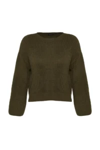TRENDYOLMİLLA Khaki Crop Wide Pattern Spanish Arm Knitwear Sweater - Image 6