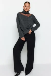 TRENDYOLMİLLA Anthracite Soft textured Tulle Detailed Knitwear Sweater - Image 2