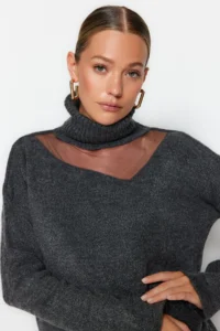 TRENDYOLMİLLA Anthracite Soft textured Tulle Detailed Knitwear Sweater - Image 3
