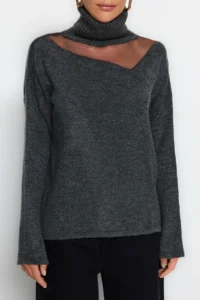 TRENDYOLMİLLA Anthracite Soft textured Tulle Detailed Knitwear Sweater - Image 4