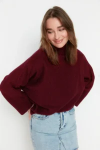 TRENDYOLMİLLA Burgundy Soft textured Wide Pattern Knitwear Sweater - Image 3