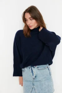 TRENDYOLMİLLA NAVY BLUE Soft textured Wide Pattern Knitwear Sweater - Image 2