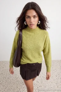 TRENDYOLMİLLA Oil Green Soft textured Wide Pattern Knitwear Sweater - Image 3