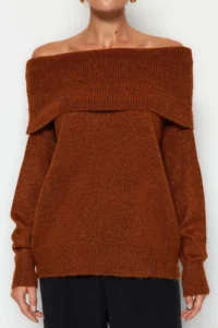 TRENDYOLMİLLA Brown Soft textured Carmen Collar Knitwear Sweater - Image 4