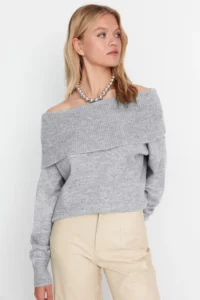 TRENDYOLMİLLA Gray Soft textured Carmen Collar Knitwear Sweater - Image 2