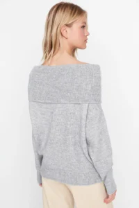TRENDYOLMİLLA Gray Soft textured Carmen Collar Knitwear Sweater - Image 5