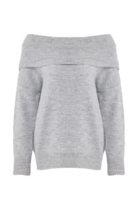 TRENDYOLMİLLA Gray Soft textured Carmen Collar Knitwear Sweater - Image 6