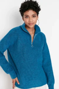 TRENDYOLMİLLA BLUE Soft textured Zippered Knitwear Sweater TWOAW20xs0009
