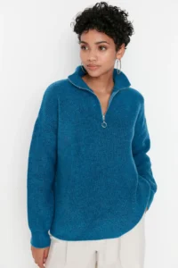 TRENDYOLMİLLA BLUE Soft textured Zippered Knitwear Sweater TWOAW20xs0009 - Image 2
