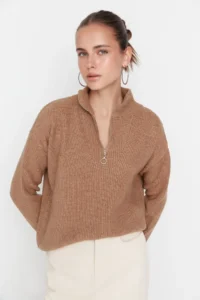 TRENDYOLMİLLA Camel Couple Soft textured Zippered Knitwear Sweater TWOAW20xs0009 - Image 3