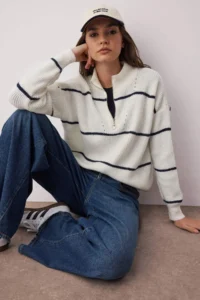 TRENDYOLMİLLA Ecru*001 Soft textured Striped Zippered Knitwear Sweater TWOAW20xs0009