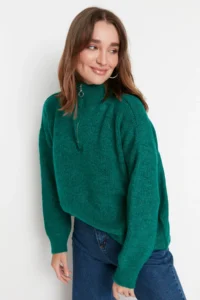 TRENDYOLMİLLA Green Soft textured Zippered Knitwear Sweater TWOAW20xs0009 - Image 3