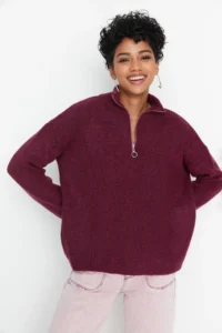 TRENDYOLMİLLA Light Purple Soft textured Zippered Knitwear Sweater TWOAW20xs0009 - Image 2