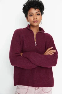 TRENDYOLMİLLA Light Purple Soft textured Zippered Knitwear Sweater TWOAW20xs0009 - Image 3