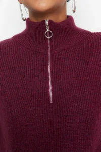 TRENDYOLMİLLA Light Purple Soft textured Zippered Knitwear Sweater TWOAW20xs0009 - Image 4
