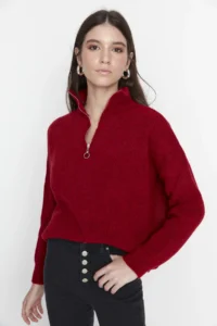 TRENDYOLMİLLA Red Soft textured Zippered Knitwear Sweater TWOAW20xs0009 - Image 3