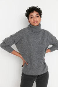 TRENDYOLMİLLA Anthracite Soft textured Wide Pattern Turtleneck Knitwear Sweater TWOAW20xs0026 - Image 2