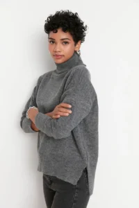 TRENDYOLMİLLA Anthracite Soft textured Wide Pattern Turtleneck Knitwear Sweater TWOAW20xs0026 - Image 3