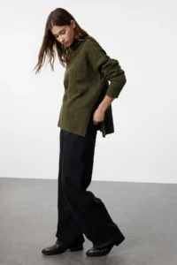 TRENDYOLMİLLA Khaki Soft textured Wide Pattern Knitwear Sweater TWOAW20xs0026 - Image 2