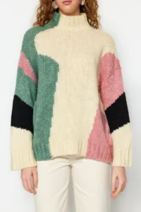 TRENDYOLMİLLA Beige Soft textured Color Blocked Wide Pattern Knitwear Sweater TWOAW20xs0047 - Image 3