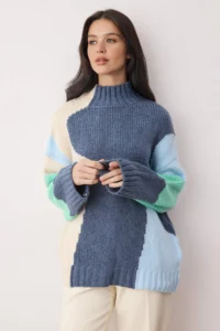 TRENDYOLMİLLA BLUE Soft textured Color Blocked Wide Pattern Knitwear Sweater TWOAW20xs0047 - Image 2