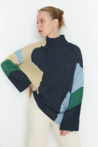 TRENDYOLMİLLA BLUE Soft textured Color Blocked Wide Pattern Knitwear Sweater TWOAW20xs0047 - Image 7