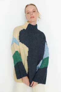 TRENDYOLMİLLA BLUE Soft textured Color Blocked Wide Pattern Knitwear Sweater TWOAW20xs0047 - Image 8